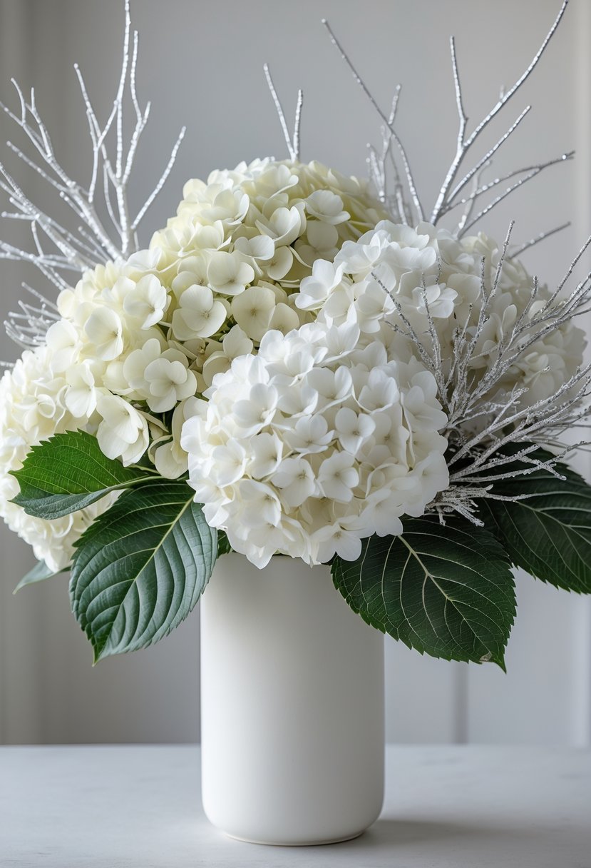 White hydrangeas arranged with silver-dusted twigs in a vase on a clean surface.