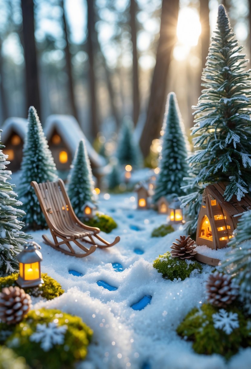 A miniature winter fairy garden with tiny sleds and skis among snow-covered trees and small fairy houses.