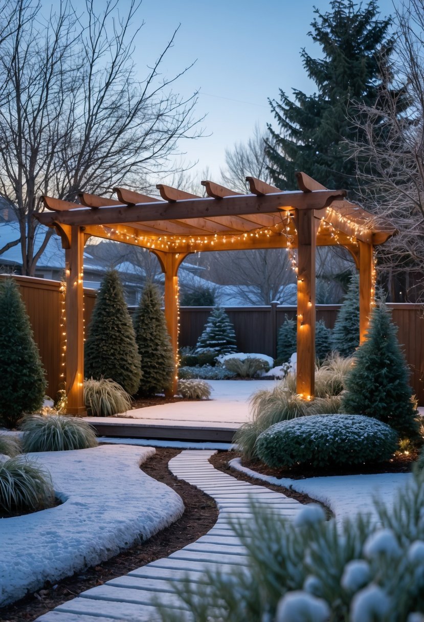 A wooden pergola with string lights in a snowy winter garden surrounded by evergreen shrubs and bare trees.