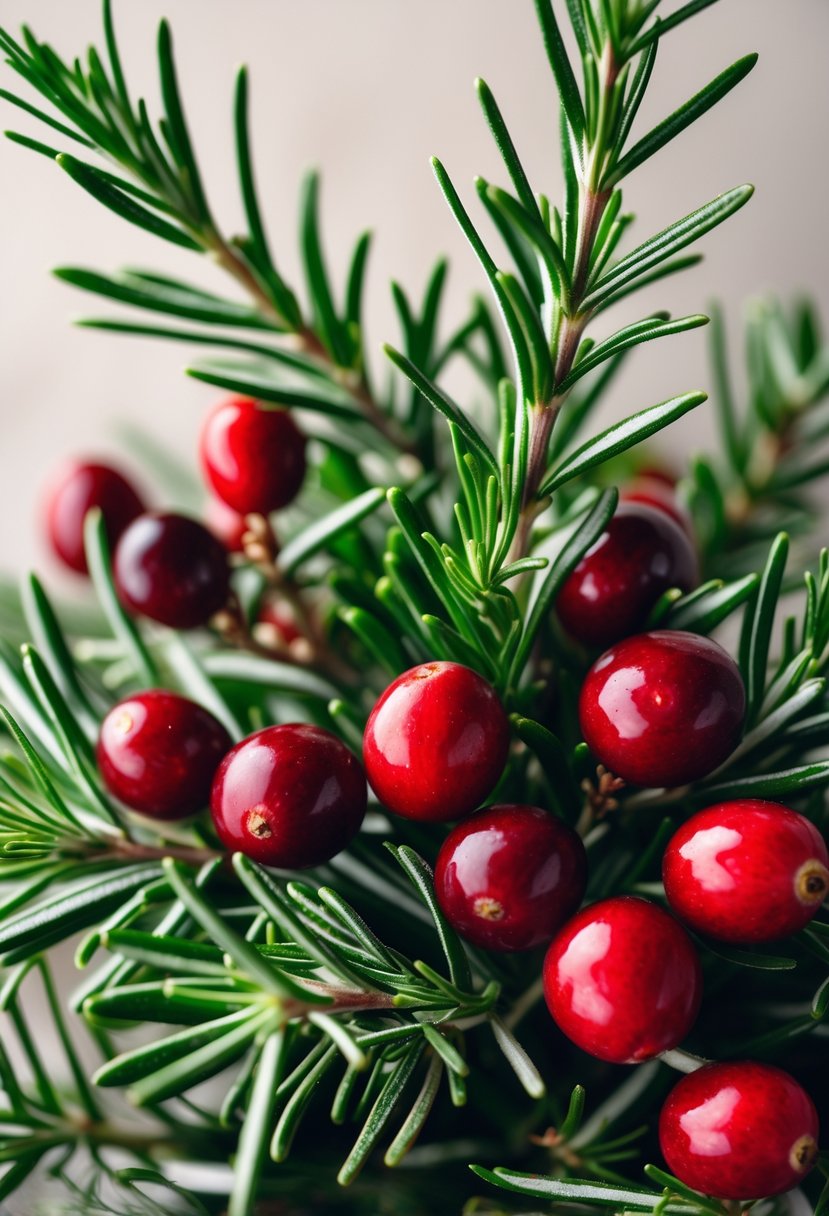 A close-up of sprigs of rosemary with red cranberries arranged together.