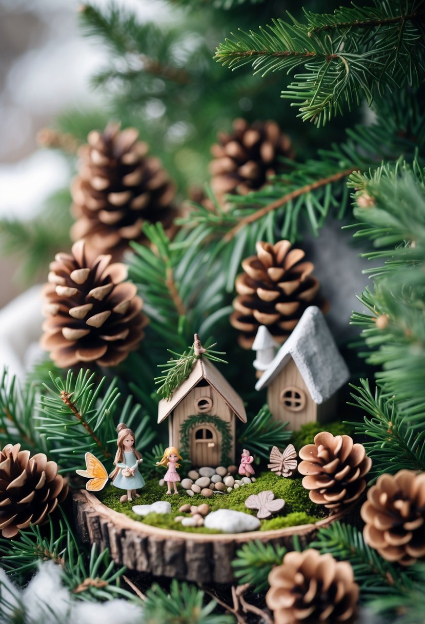 A winter fairy garden decorated with pine cones and evergreen sprigs surrounding miniature houses and fairy figurines.
