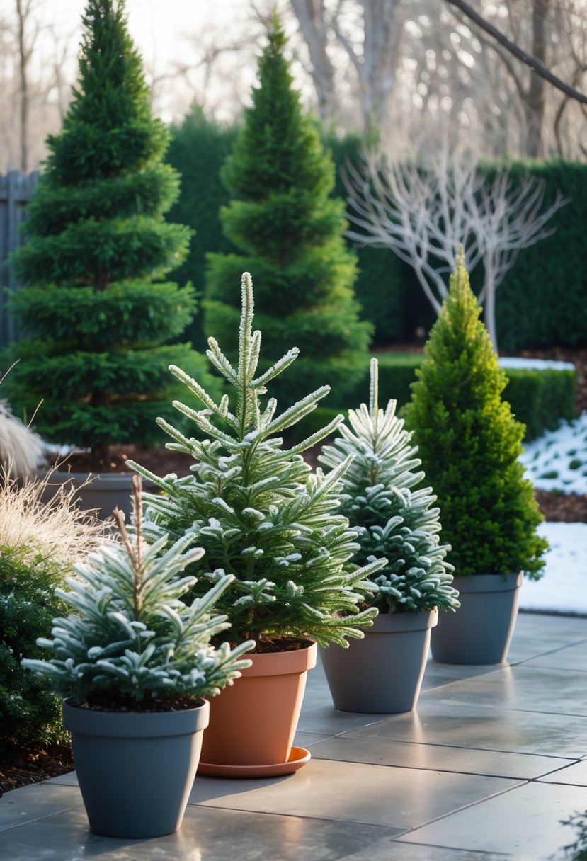 A patio with several potted small evergreen trees surrounded by a winter garden with bare shrubs and stone flooring.