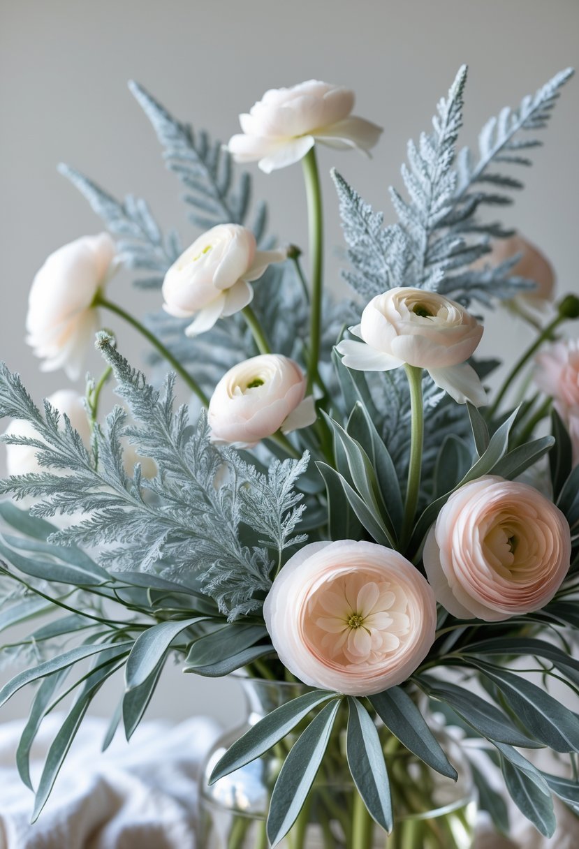 A winter flower arrangement with dusty miller foliage and pale pink ranunculus blooms on a neutral background.