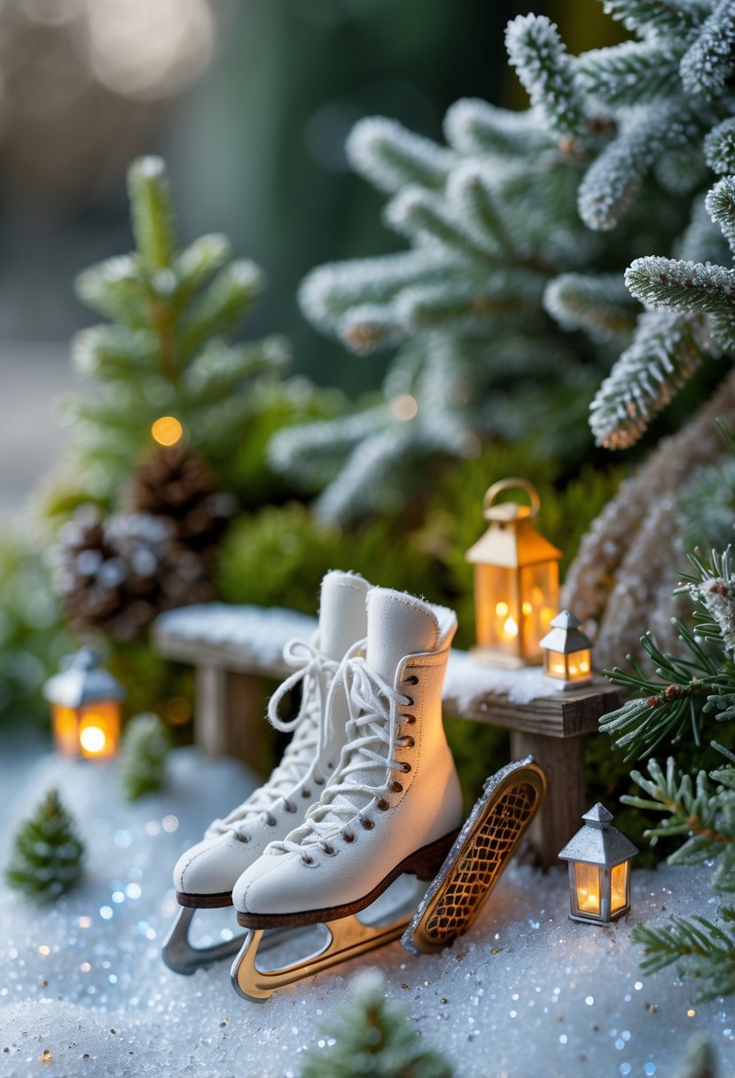 Miniature ice skates and snowshoes displayed among snow-covered moss and tiny winter garden decorations.