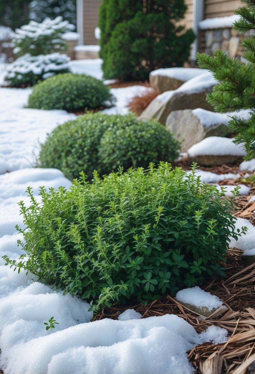 A winter garden with green creeping thyme ground cover partially covered by snow, surrounded by other hardy plants and natural elements.