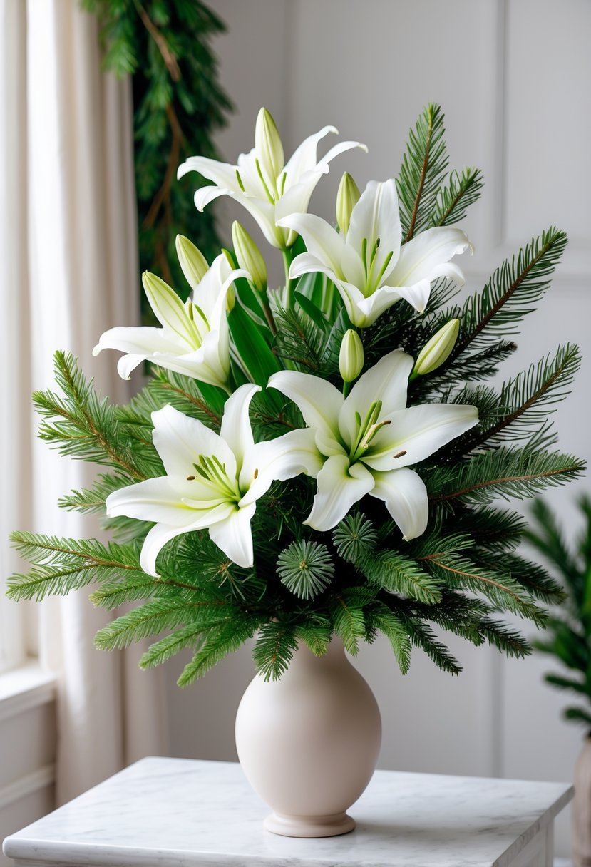 A winter flower arrangement with white lilies and green cedar branches in a vase.