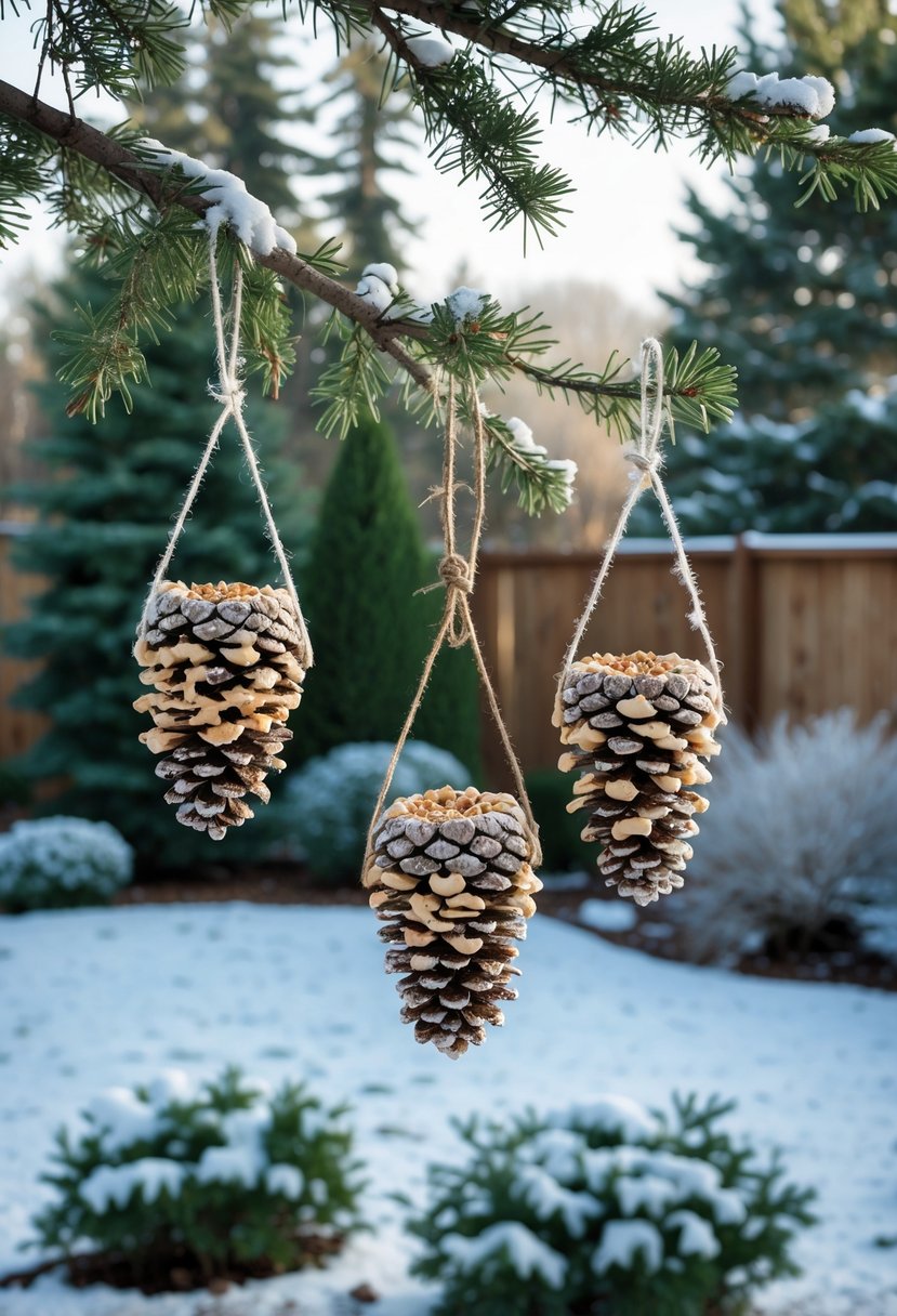 A winter backyard with pine cone bird feeders coated in peanut butter and seeds hanging from snowy tree branches.
