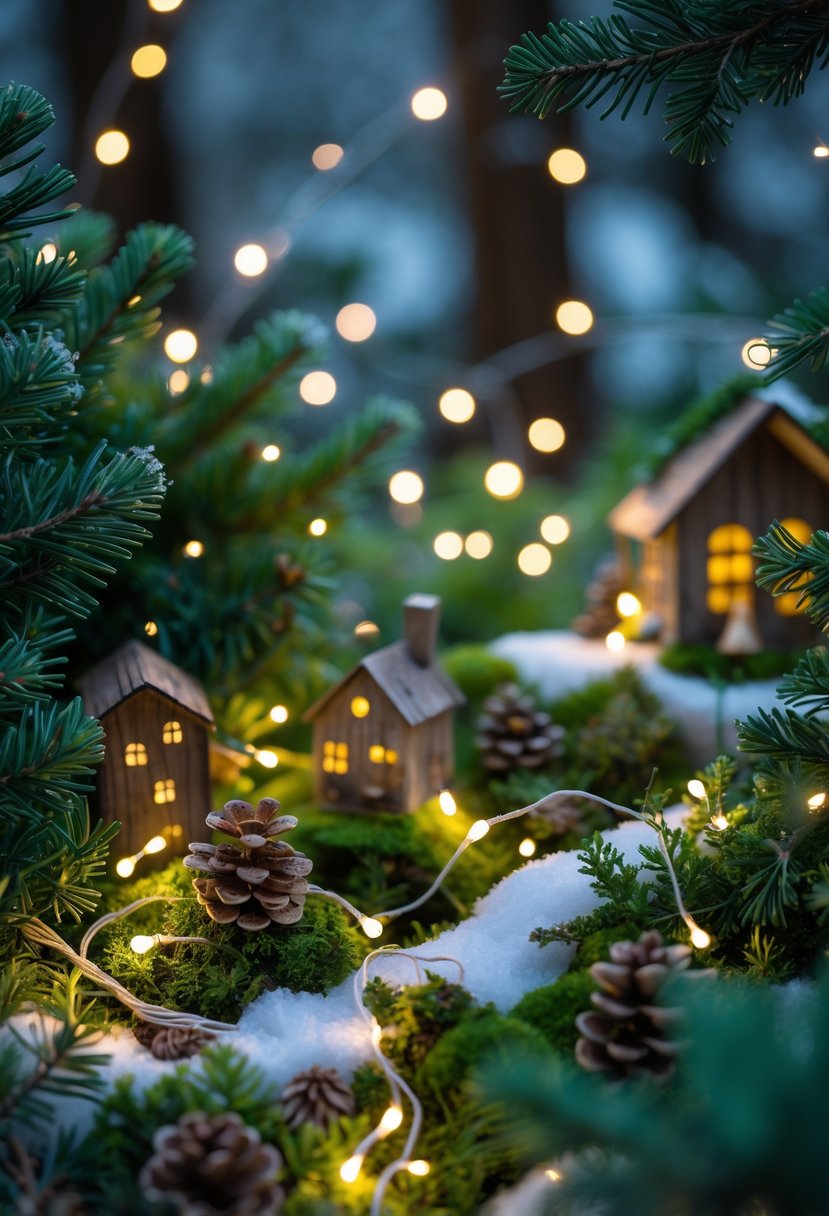 A miniature winter fairy garden with glowing LED string lights wrapped around green foliage and small fairy houses.
