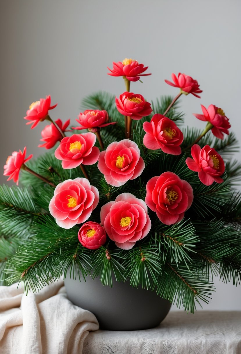 A bright red camellia flower arrangement with green fir branches.