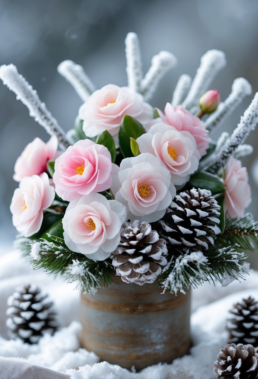 A winter flower arrangement with snow-dusted pinecones and pink and white camellia blooms in a rustic container.
