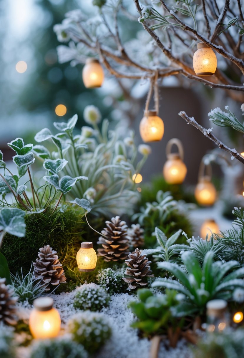 A miniature winter garden with small plants, pinecones, and glowing lanterns creating a cozy scene.