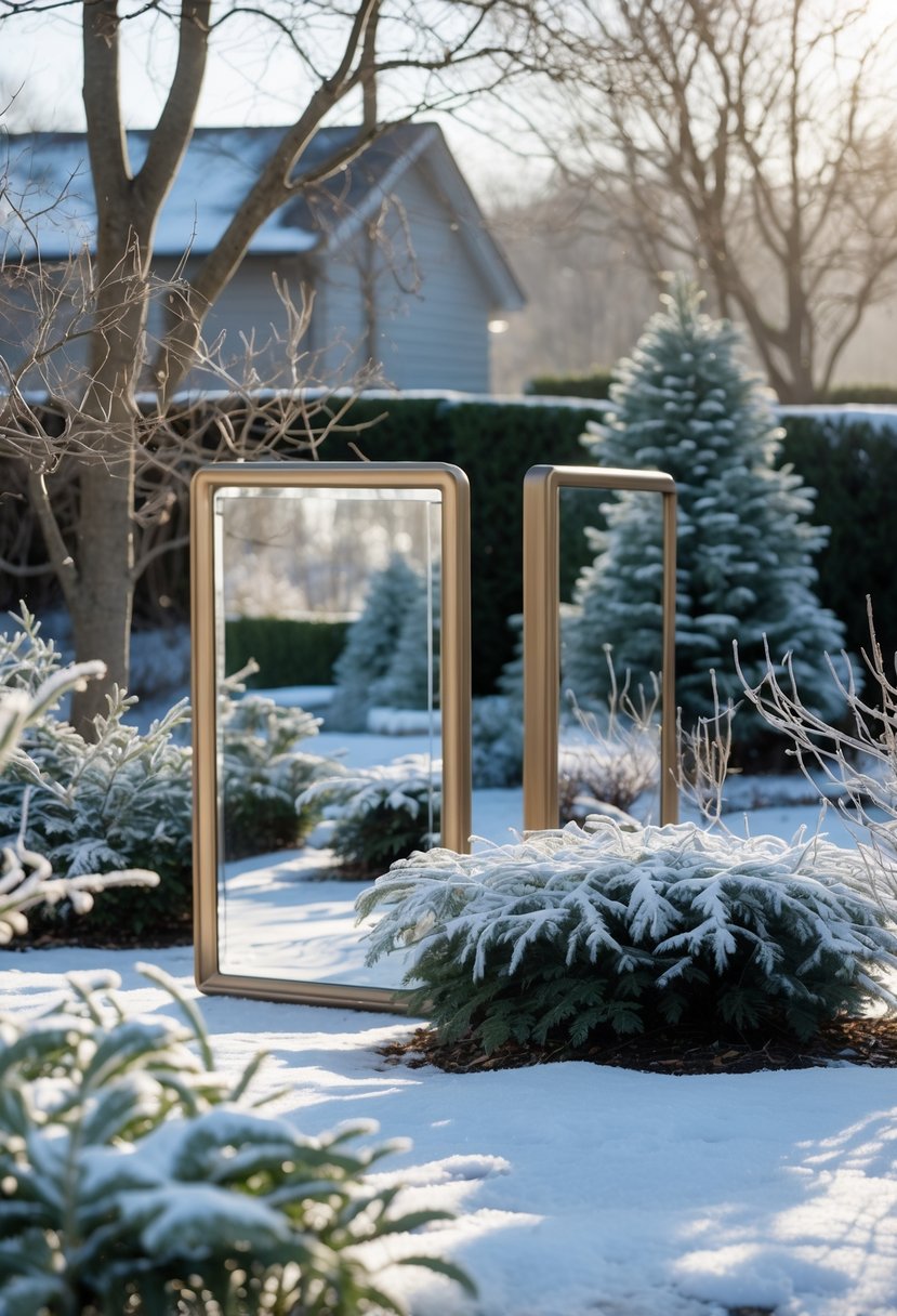 A winter garden with reflective mirrors placed among snow-covered plants and trees, brightening the shaded areas of the yard.