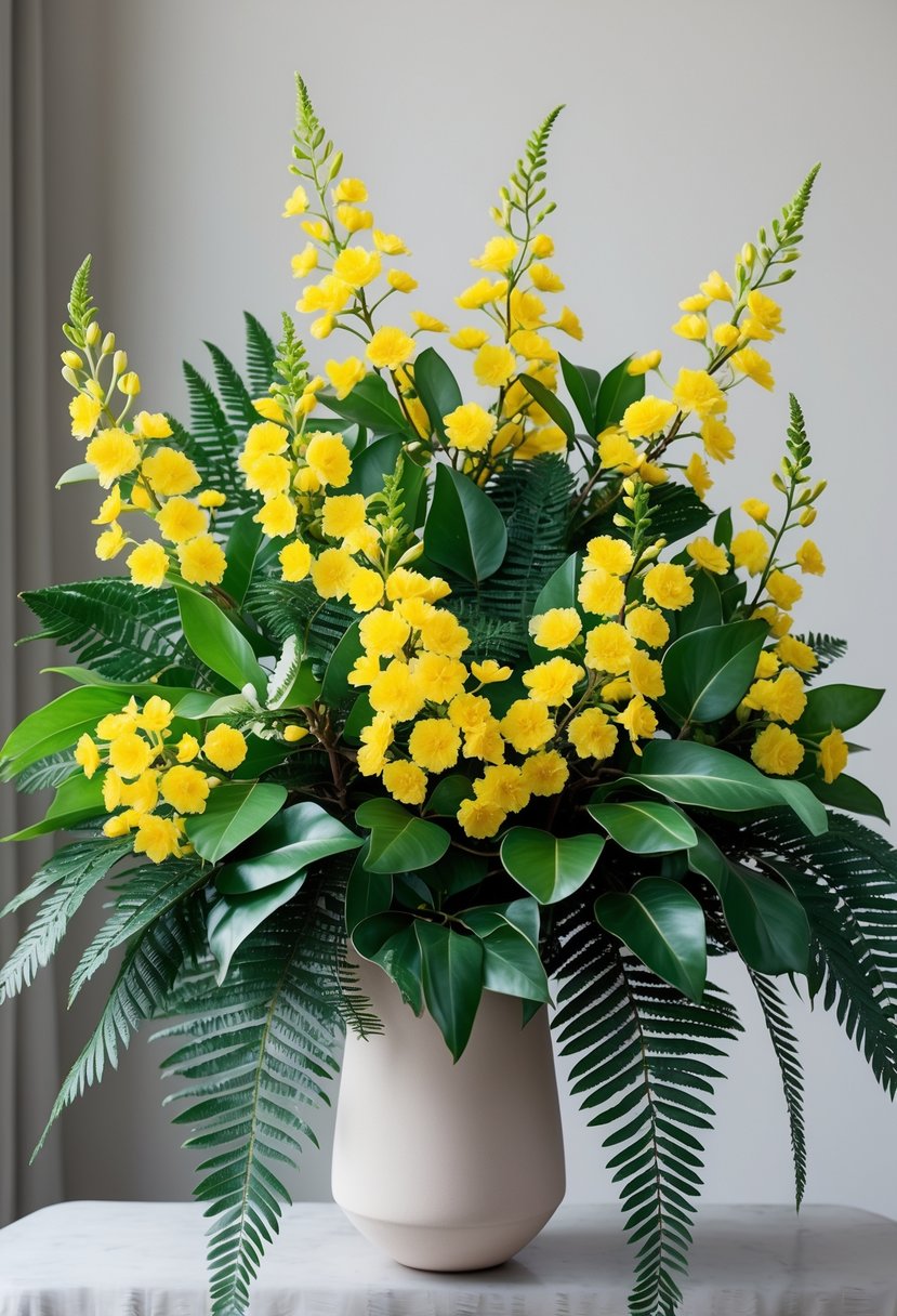 A close-up of yellow winter jasmine flowers intertwined with green fern leaves in a vase.