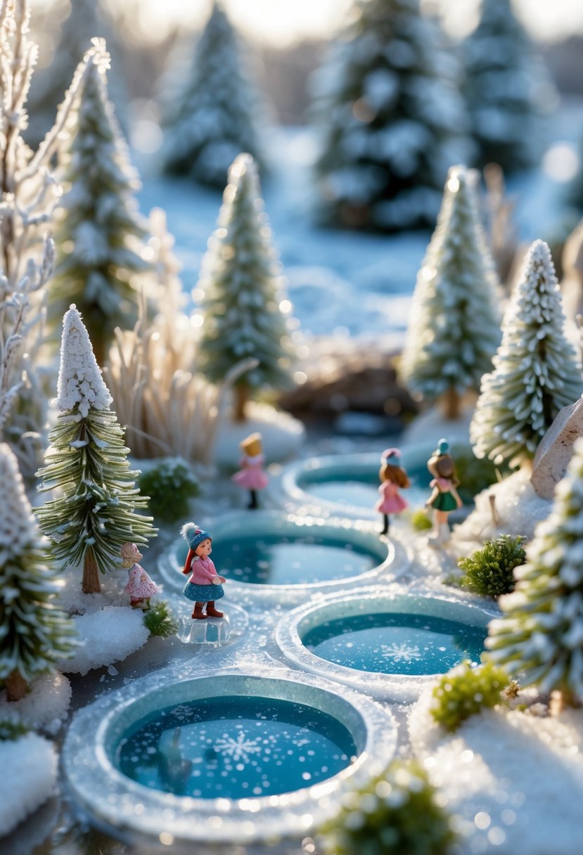 A miniature winter garden with small frozen ponds surrounded by snow-covered trees and tiny fairy figurines in a snowy outdoor setting.