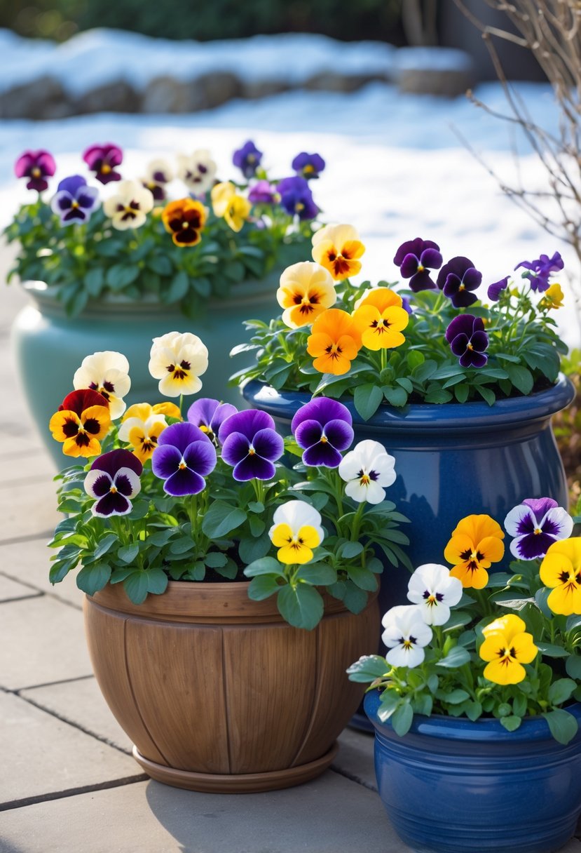 Colorful winter pansies blooming in containers arranged outdoors on a patio with a winter garden background.
