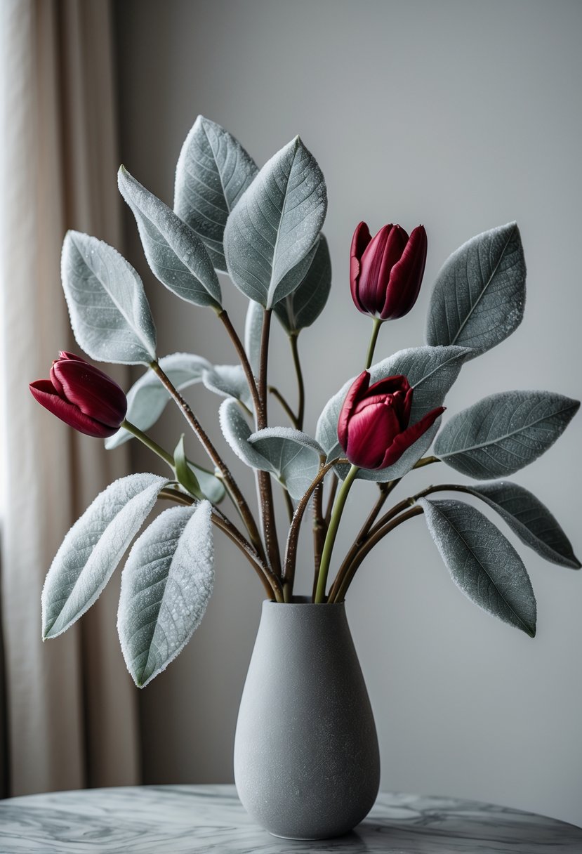 A winter flower arrangement with frosted magnolia leaves and deep red tulips in a vase.