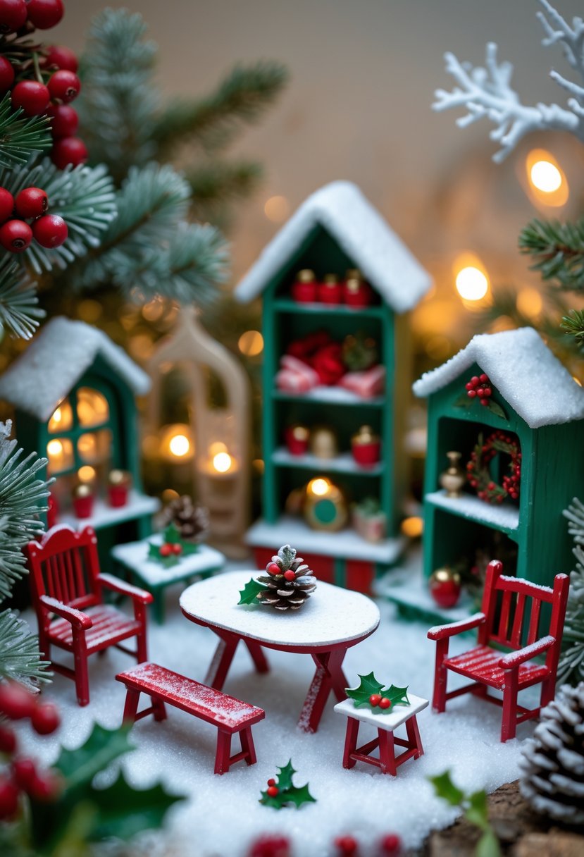 Miniature furniture painted in winter colors arranged in a small outdoor garden setting with pinecones, berries, and snow-like decorations.