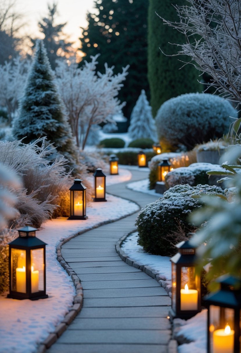 A winter yard with a walkway lined by glowing lanterns and snow-covered plants.