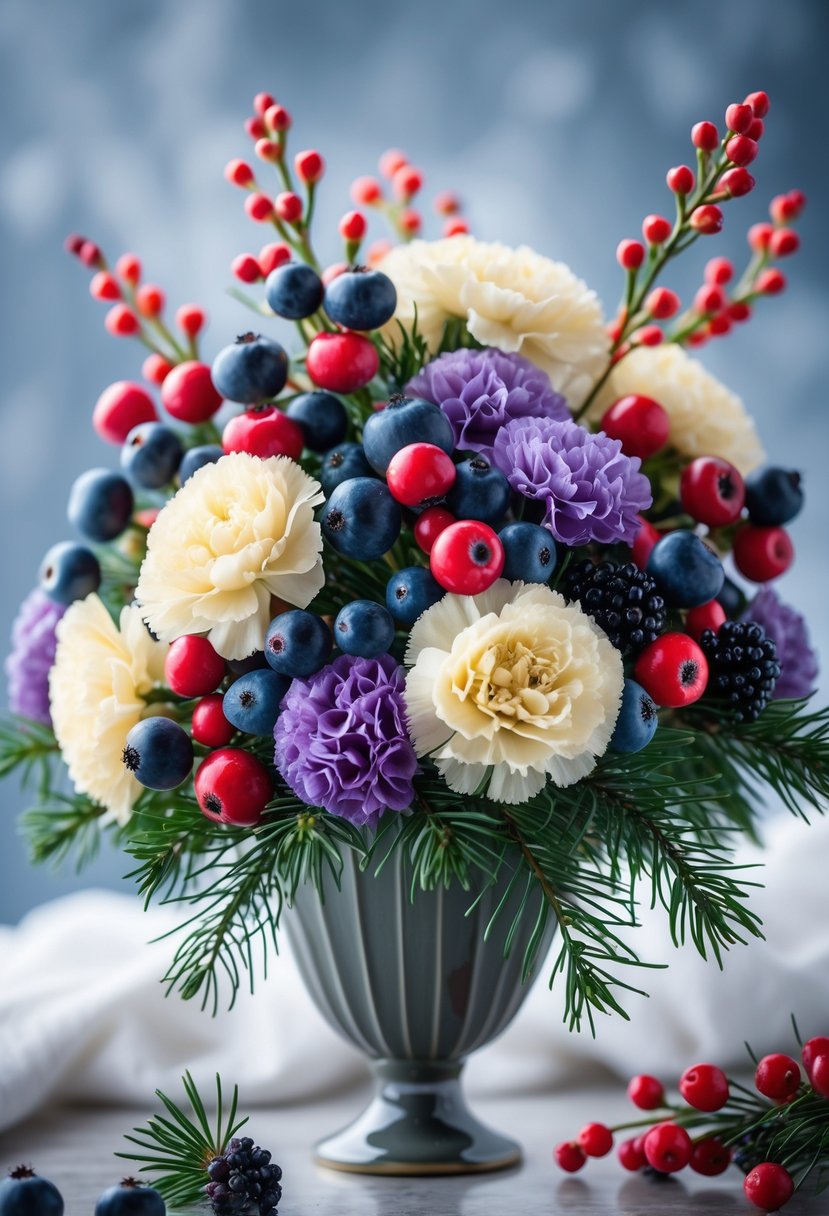 A winter flower arrangement with cream-colored carnations and mixed red and blue berries in a vase.