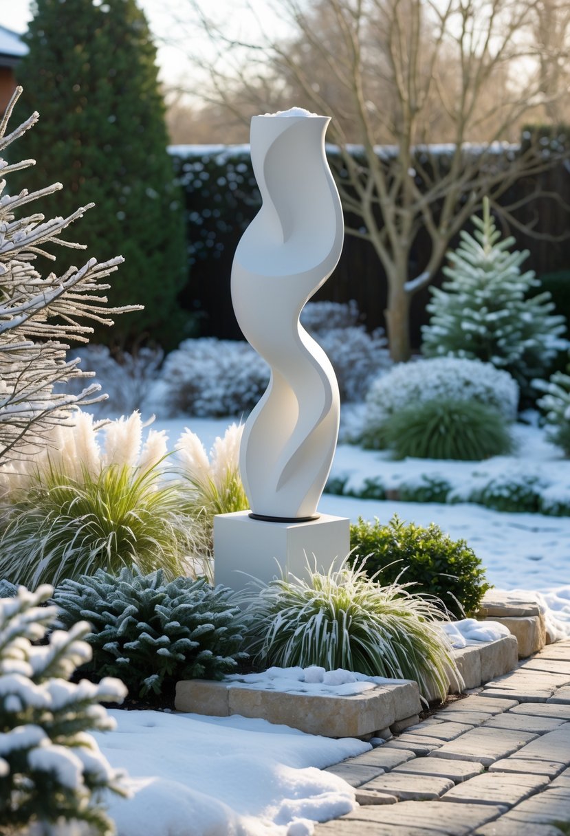 A winter yard with a frost-resistant sculpture surrounded by snow-dusted plants and stone pathways.