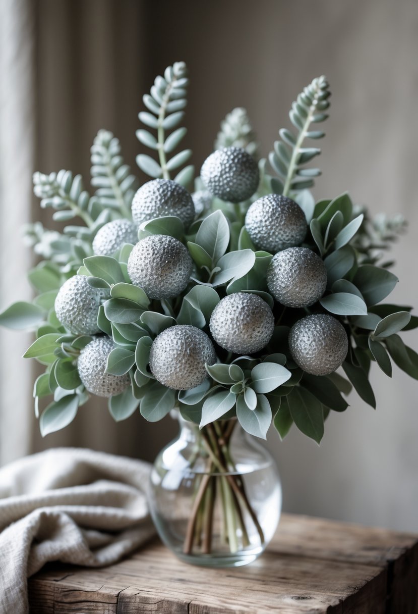 A winter flower arrangement with silver brunia balls and soft lamb’s ear leaves in a glass vase on a wooden surface.