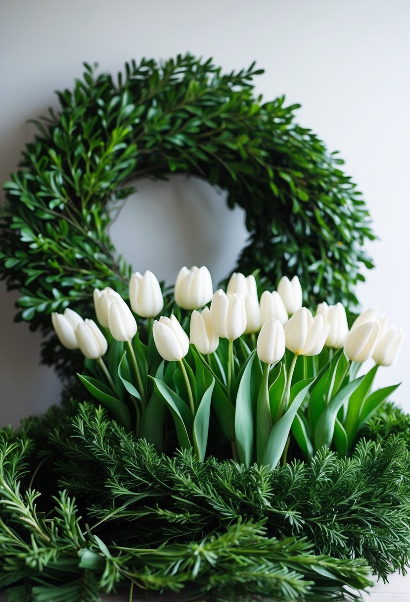 Dark green boxwood wreaths decorated with white tulips arranged on a neutral background.