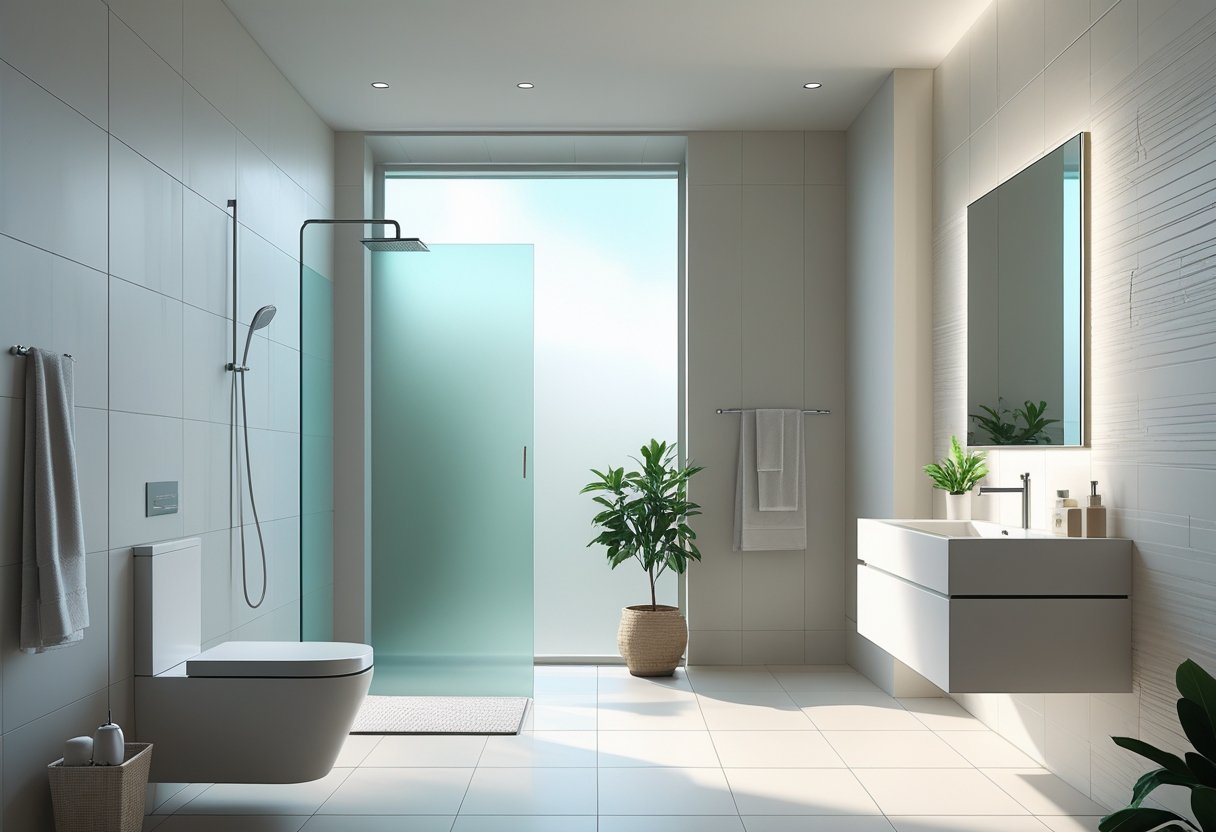 Banheiro americano moderno com chuveiro aberto separado por vidro, vaso sanitário suspenso e pia com espelho grande, iluminado por luz natural.