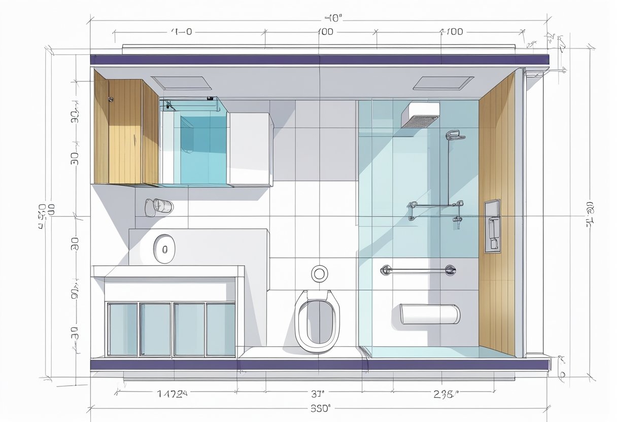 Planta baixa detalhada de um banheiro americano mostrando vaso sanitário, pia com armário, área de chuveiro com divisória de vidro e armários de armazenamento.