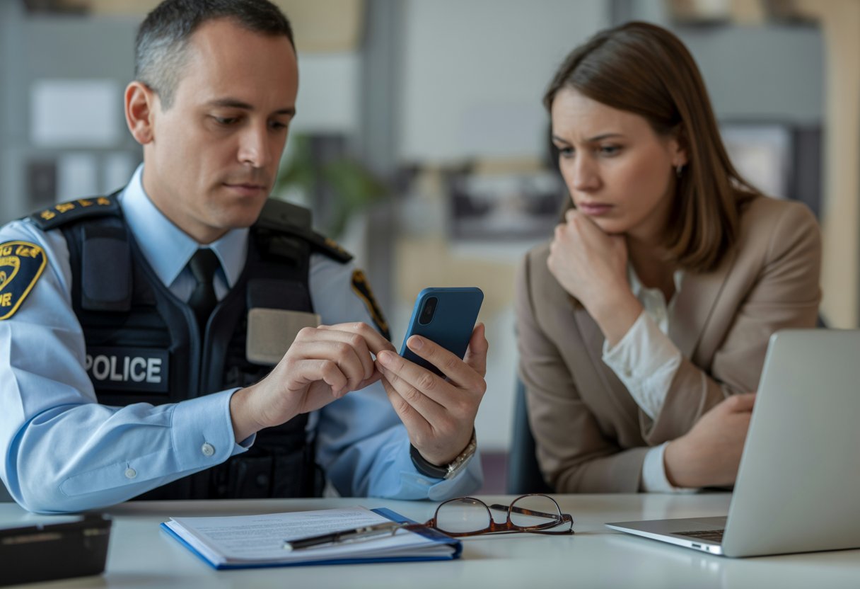 Een politieagent bekijkt een smartphone terwijl een persoon ernaast staat in een kantooromgeving.