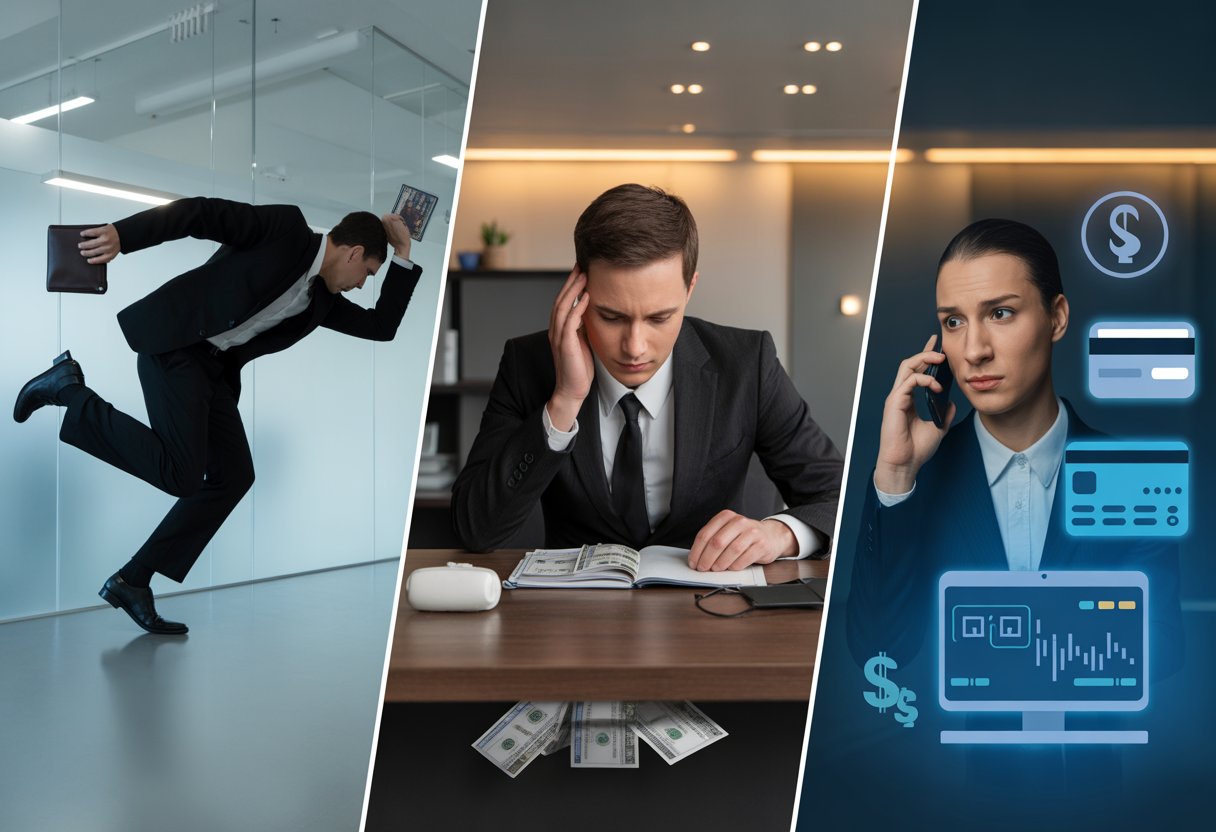 Drie scènes in een kantoor die diefstal, verduistering en oplichting uitbeelden met personen die geld stelen, financiële documenten verbergen en telefoneren met een bedrieglijke uitdrukking.