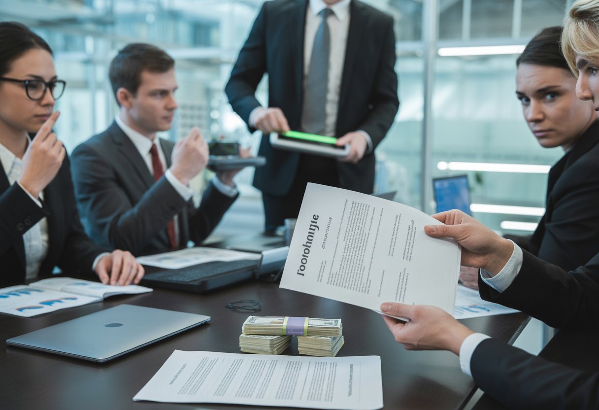 Een groep zakelijke professionals in een kantoor die financiële documenten bespreken, terwijl iemand geld steelt uit een lade, een ander cijfers manipuleert en een derde een verdachte overeenkomst overhandigt.