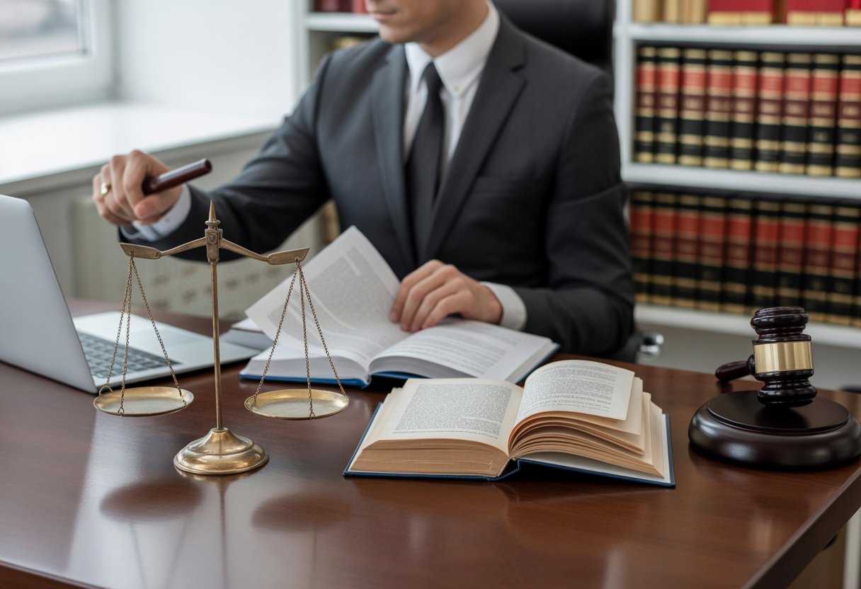 Een advocaat zit aan een bureau met juridische boeken en een weegschaal van gerechtigheid in een kantooromgeving.