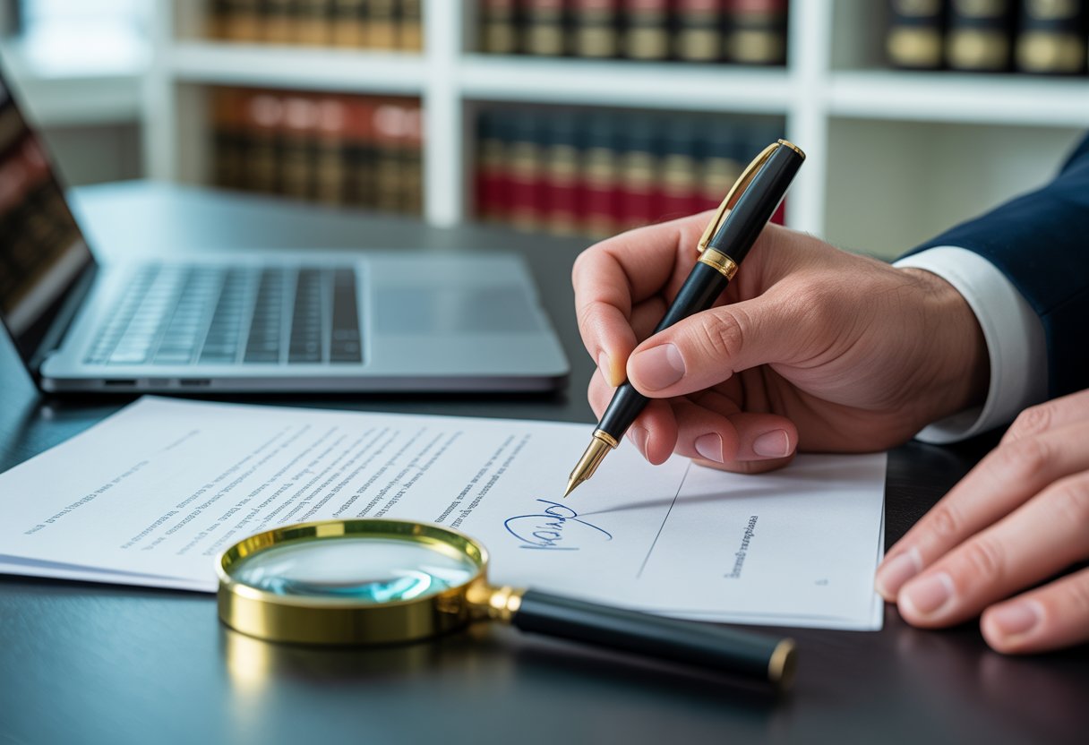 Een hand die een pen vasthoudt boven een document met een vergrootglas dat een handtekening onderzoekt in een kantooromgeving.