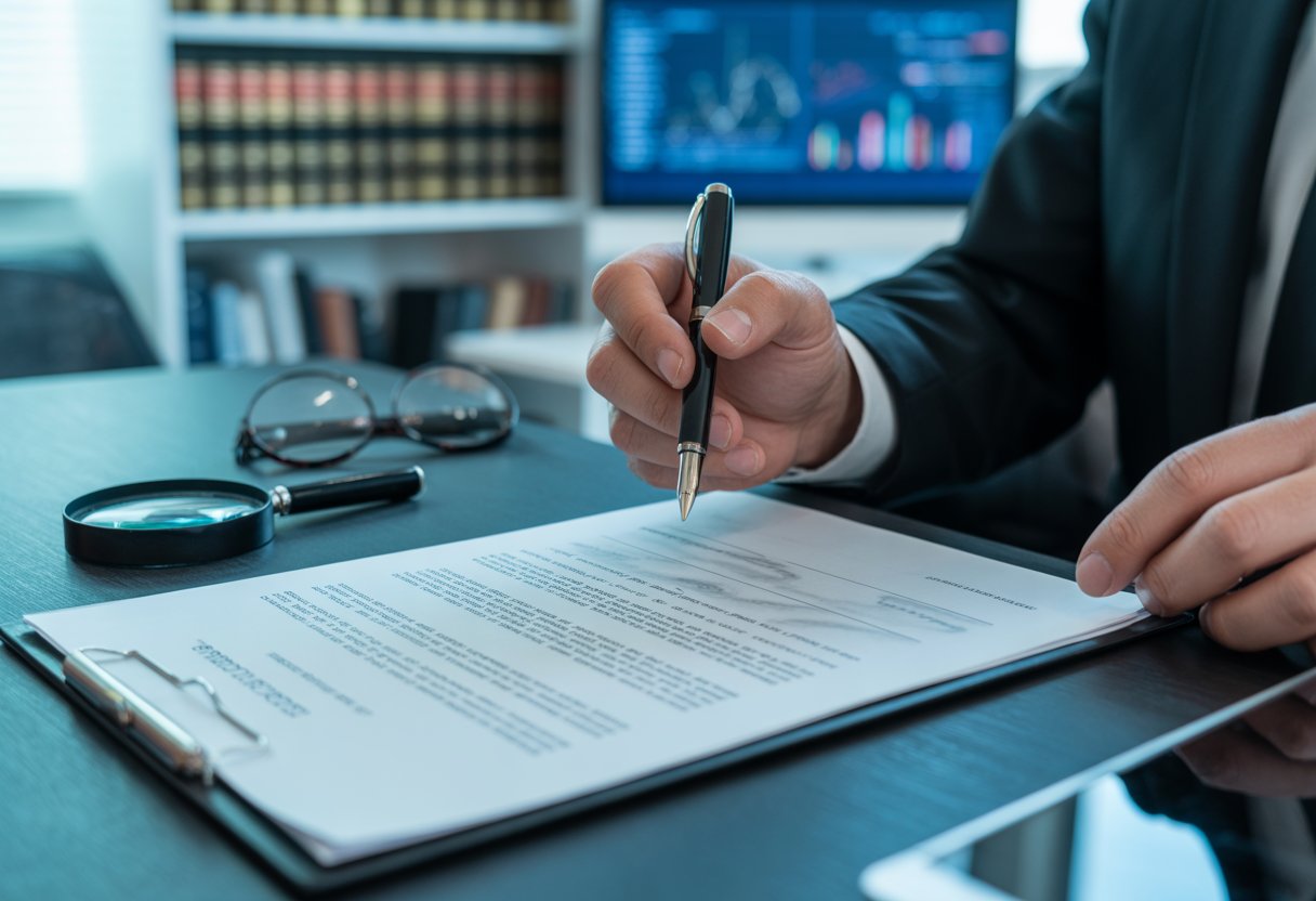 Handen houden een pen boven een officieel document met een vergrootglas en leesbril op een bureau in een kantooromgeving.