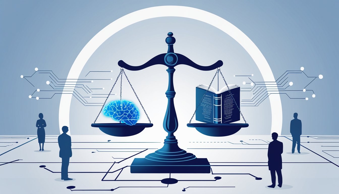 A balanced scale with a digital brain on one side and a book on the other, surrounded by circuit patterns and human silhouettes, symbolizing the foundations of AI ethics.