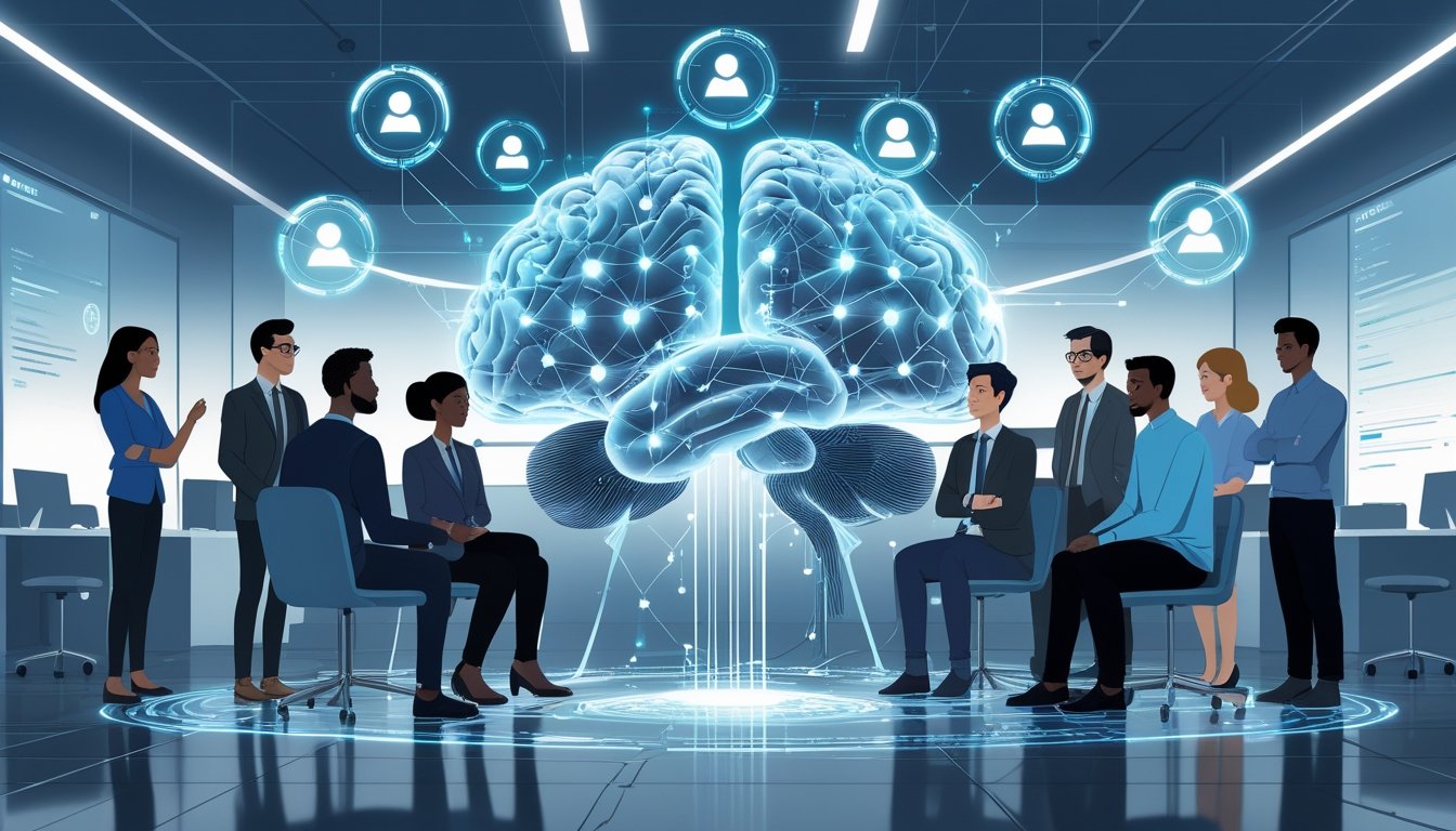 A group of diverse people gathered around a glowing digital brain with floating icons representing ethical issues in artificial intelligence.