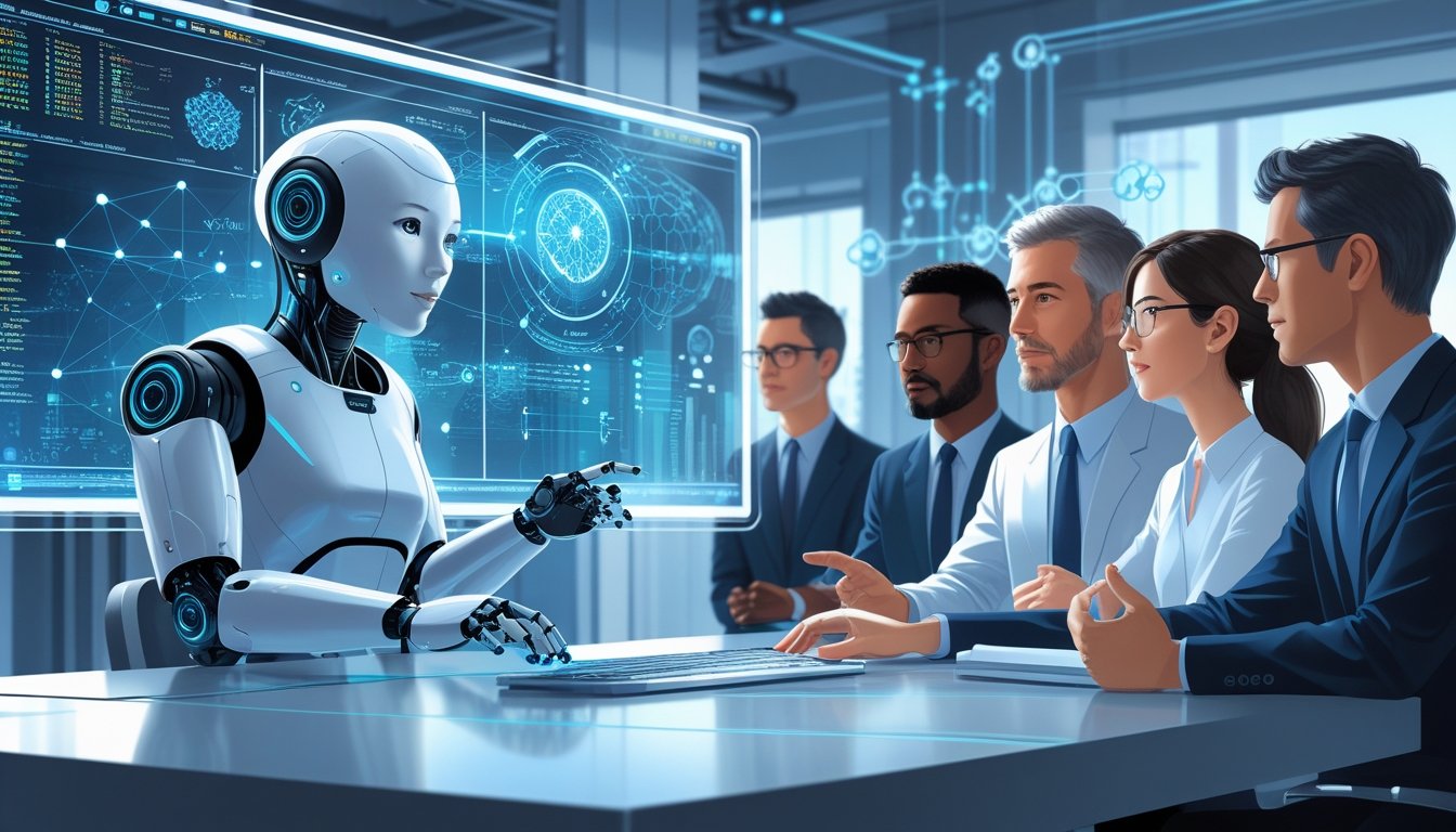 A group of diverse humans carefully monitoring a humanoid AI robot interacting with a digital interface in a futuristic control room.