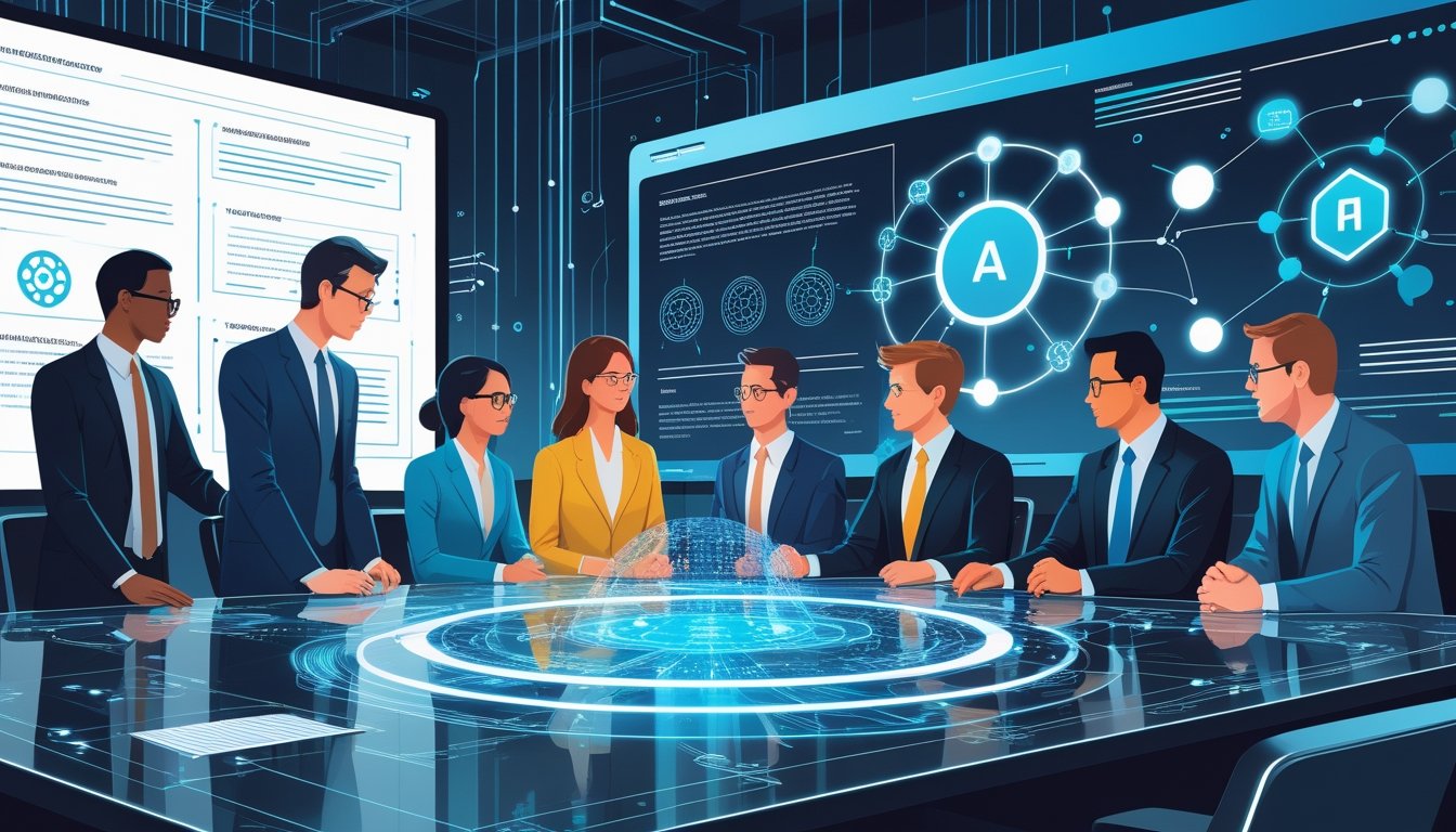A group of diverse experts and policymakers discussing AI governance and ethics around a digital table with holographic data and symbols representing regulation and ethical decision-making.