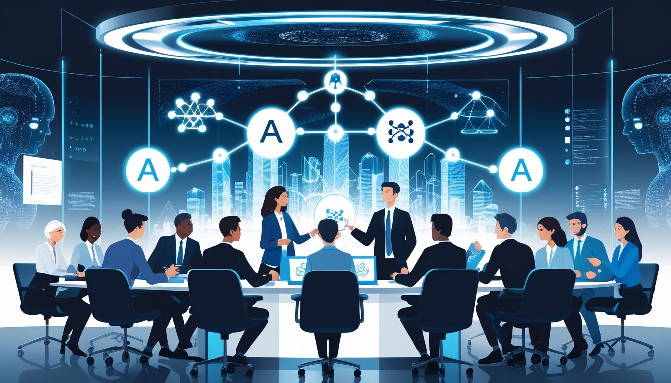 A group of diverse experts discussing AI ethics around a table with a large holographic display showing AI symbols and futuristic cityscapes.