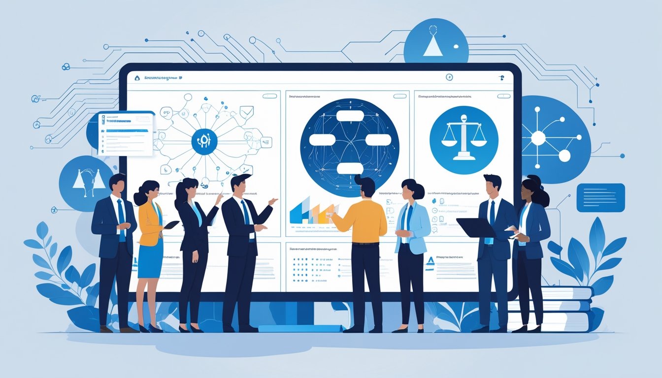 A group of professionals discussing AI ethics around a digital screen showing data and ethical symbols.