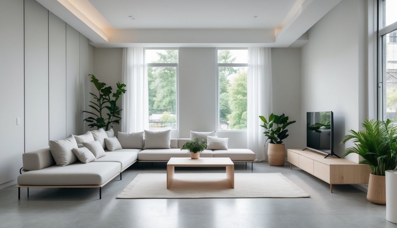 Ruang tamu dengan sofa, meja kopi, tanaman, dan jendela besar yang menerangi ruangan.