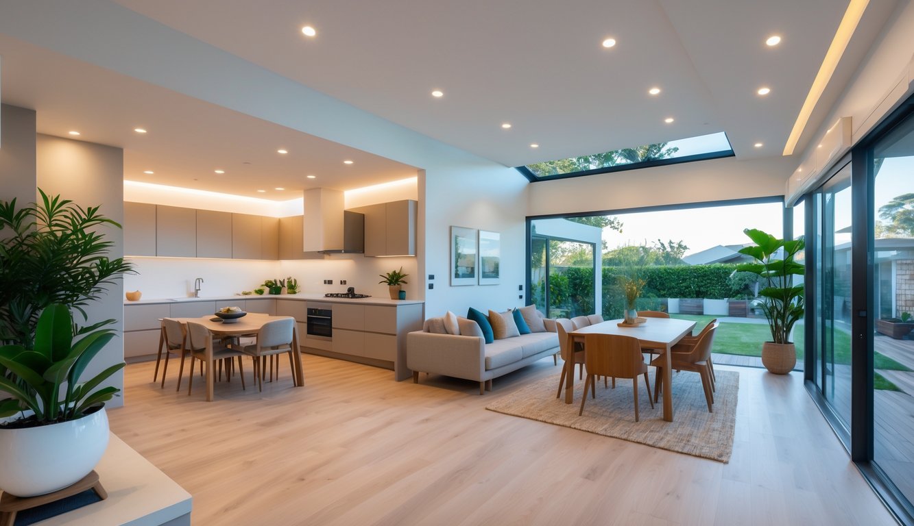 Ruang dalam rumah dengan konsep terbuka yang menggabungkan ruang tamu, ruang makan, dan dapur dalam satu area luas dan terang.