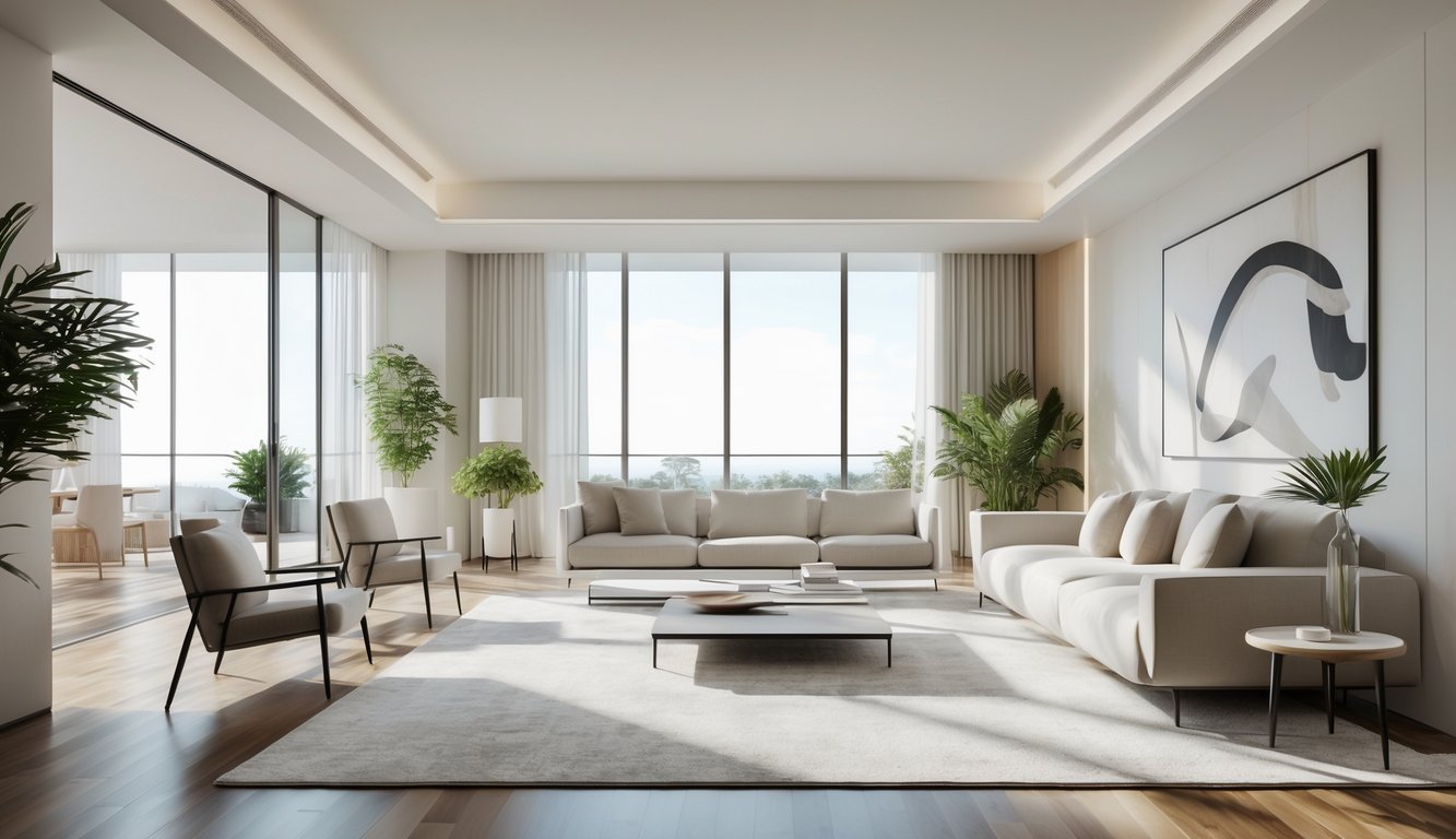 Ruang tamu yang luas dengan sofa modern, meja kopi minimalis, kursi bergaya, jendela besar, dan tanaman dalam ruangan.