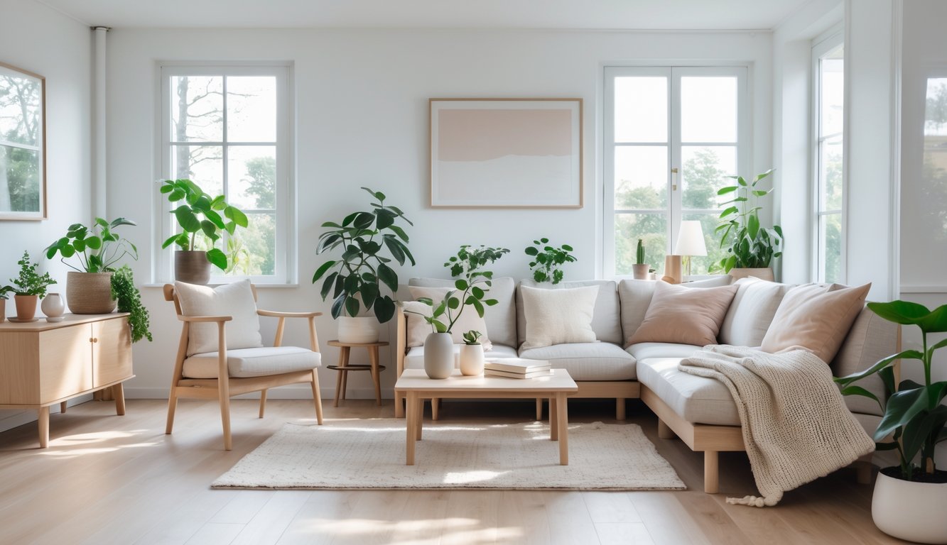 Ruang tamu dengan sofa, meja kayu, tanaman hijau, dan jendela besar yang menerangi ruangan.