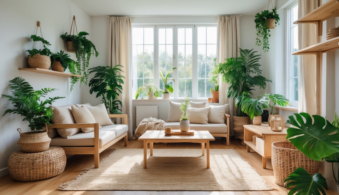 Interior rumah yang terang dengan perabot kayu, tanaman hijau, sofa nyaman, dan dekorasi alami di dalam ruangan.