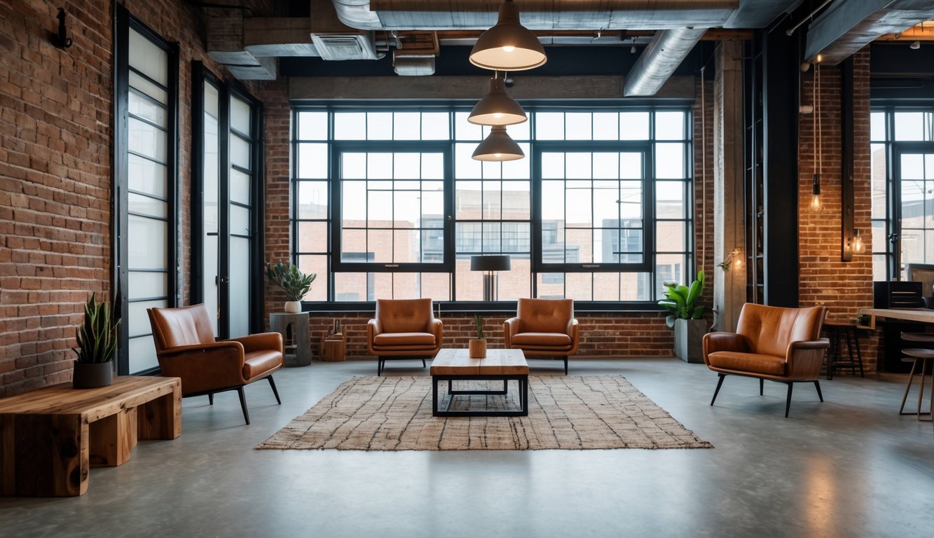 Ruang dalam dengan dinding bata terbuka, jendela besar, dan perabotan kayu serta logam yang tertata rapi.