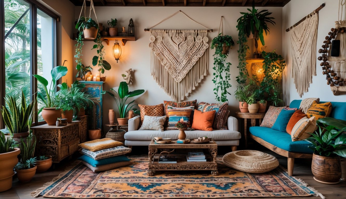 Ruang tamu yang nyaman dengan sofa empuk, tanaman hias, meja kayu, dan pencahayaan hangat alami.