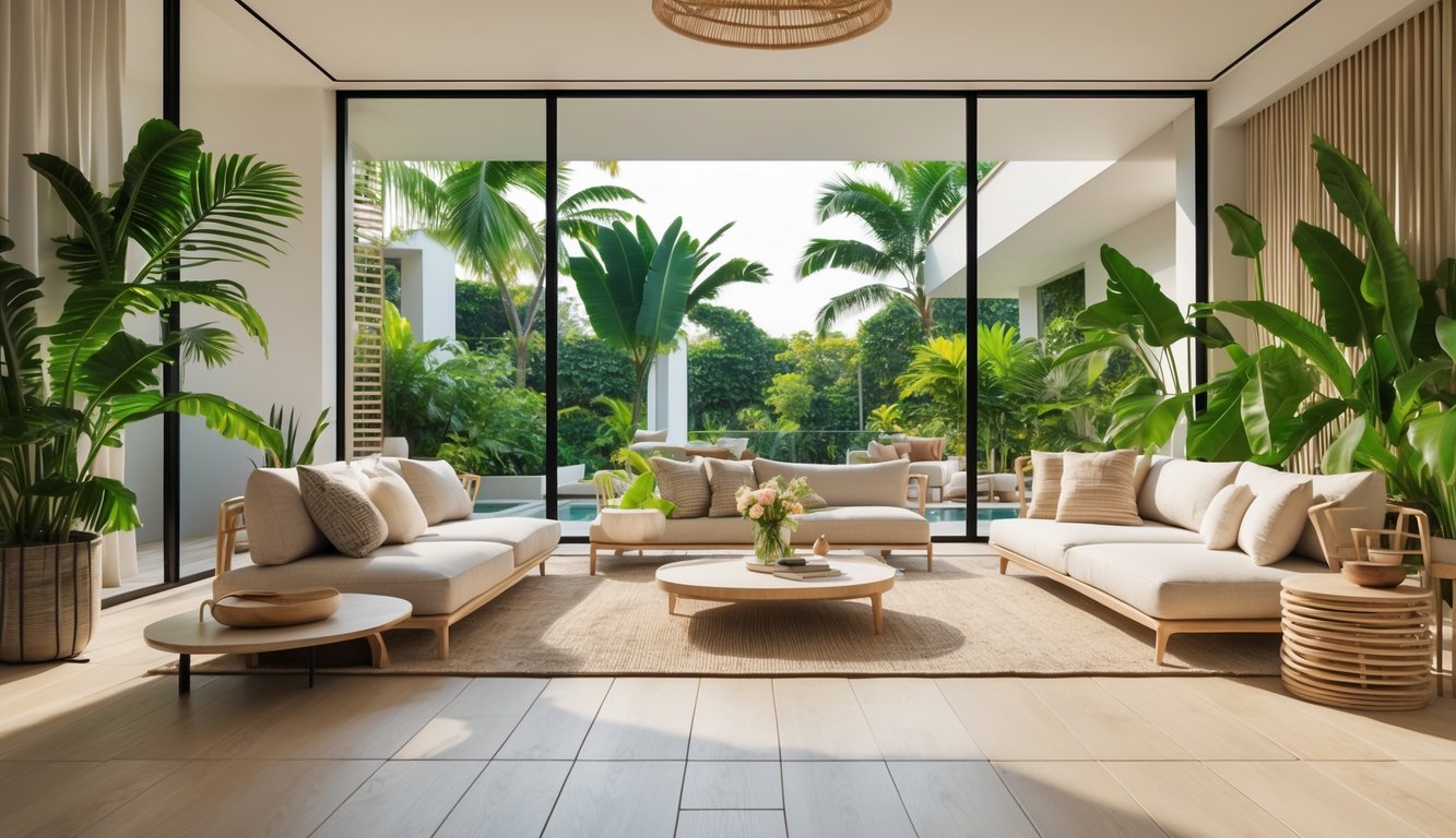 Ruang tamu dengan jendela besar, sofa nyaman, tanaman hijau tropis, dan lantai kayu terang.