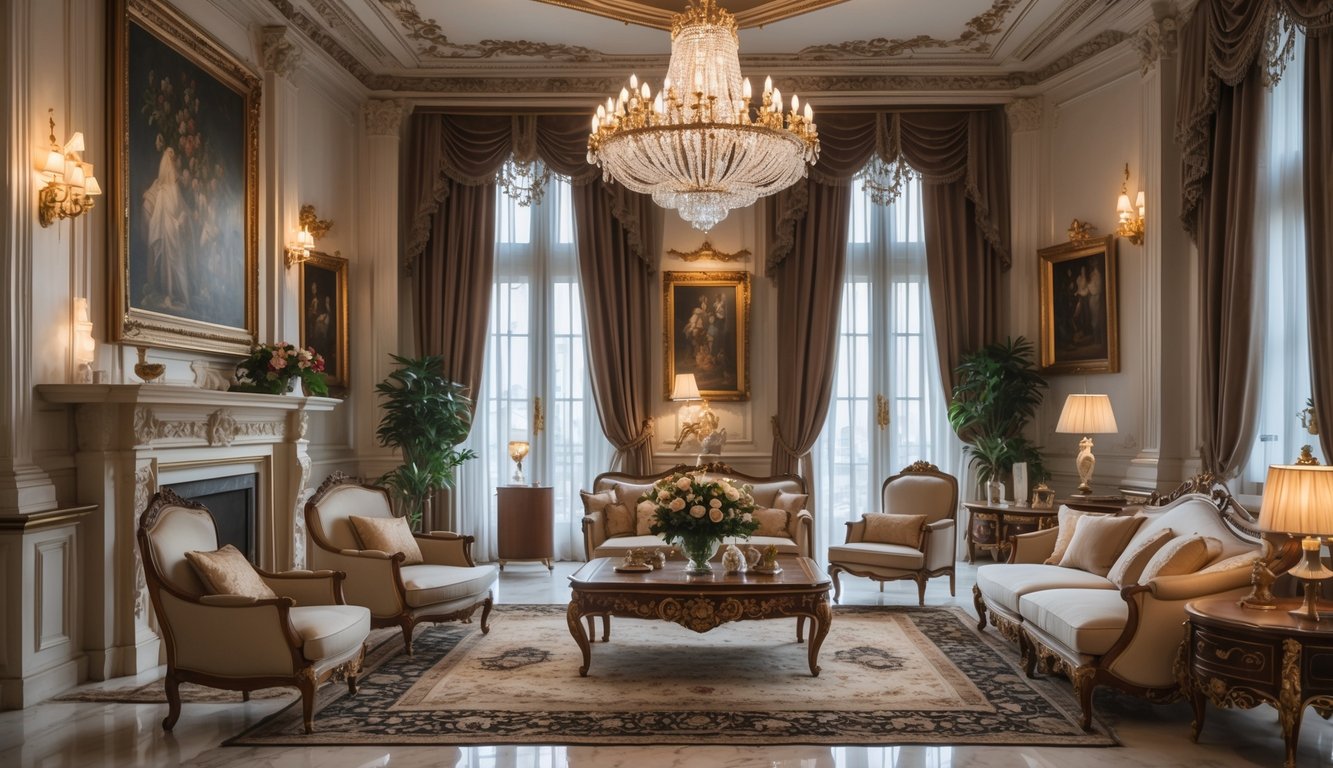 Ruang tamu mewah dengan perabotan kayu antik, lampu gantung kristal, jendela besar dengan tirai beludru, dan perapian besar.