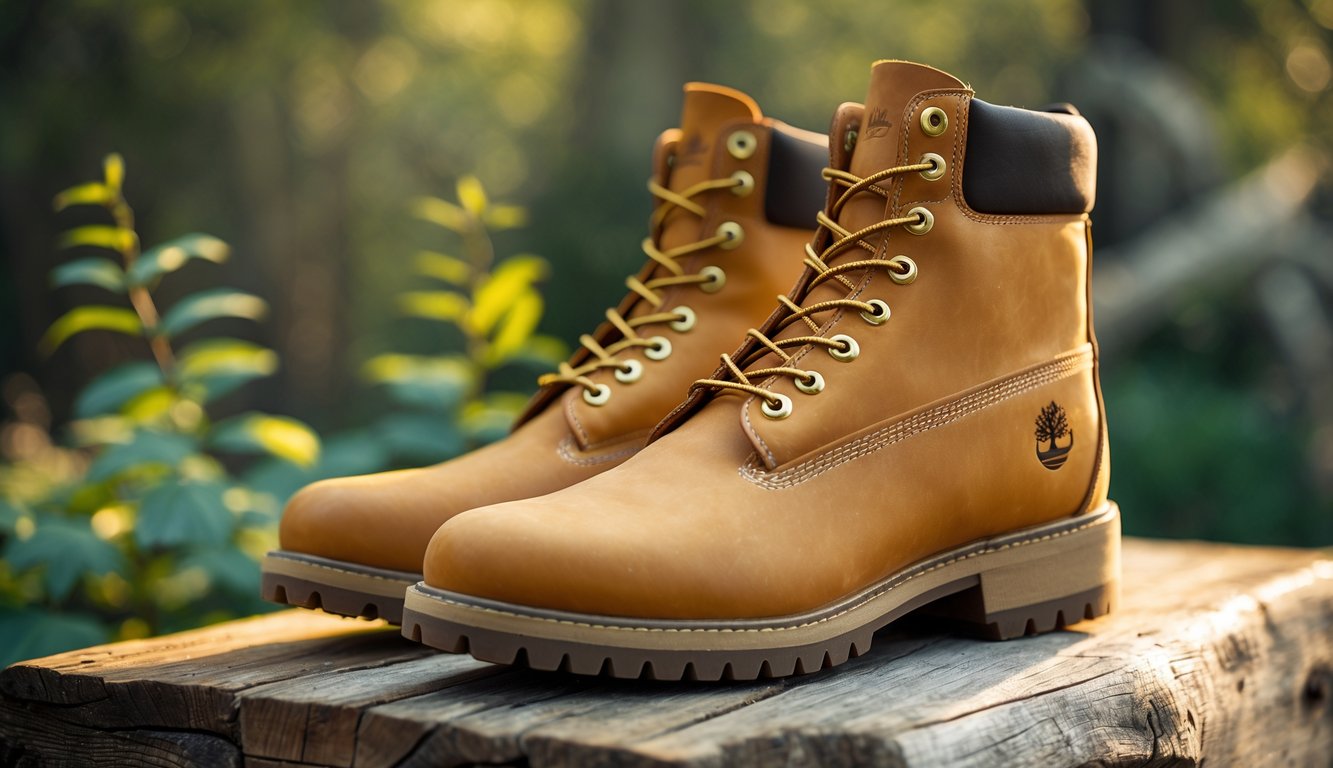Sepasang sepatu boots Timberland asli diletakkan di atas permukaan kayu dengan latar belakang tanaman hijau dan cahaya matahari lembut.
